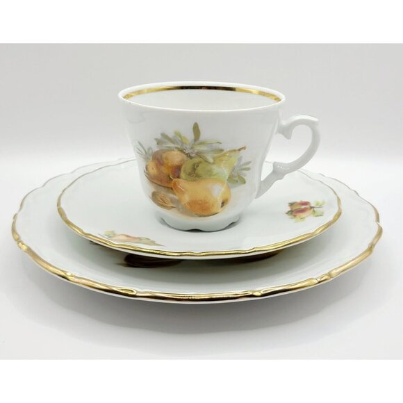 Schumann Arzberg Porcelain Tea Cup & Saucer& Dessert Plate Set Pear Design VTG - Picture 1 of 16